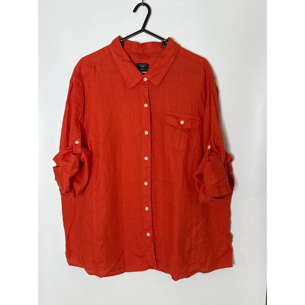 Talbots Pure Irish Linen Button Front Roll Tab Sleeve Blouse Collared Orange 3X